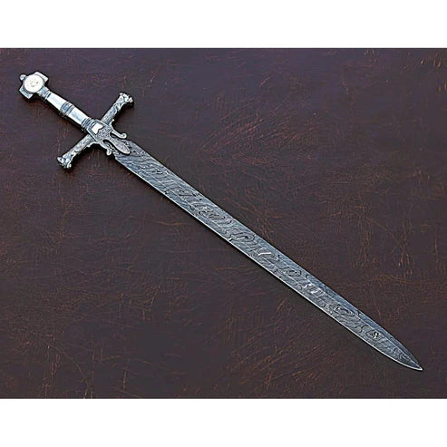 Handmade King Solomon Sword 38" Damascus Steel Medieval Ceremonial Sword with Leather Sheath