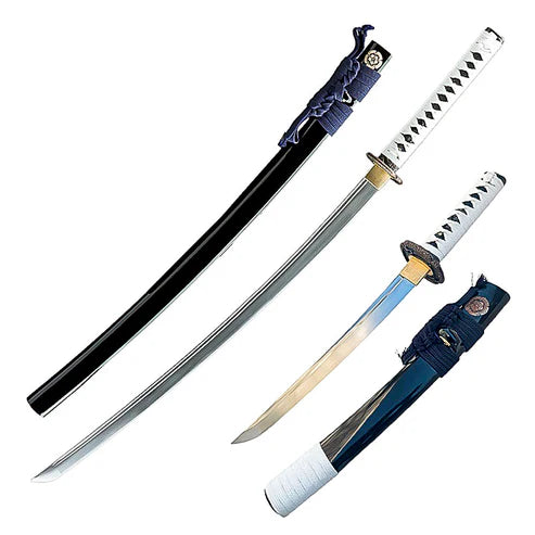 Jin Sakai Ghost of Tsushima Katana and Tanto set 1045 high carbon steel replicas with Sakai clan emblem by Cosplay Swords.
