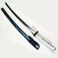 Jin Sakai Ghost of Tsushima Katana replica featuring a high manganese steel blade, Sakai clan emblem tsuba, and black wooden scabbard.