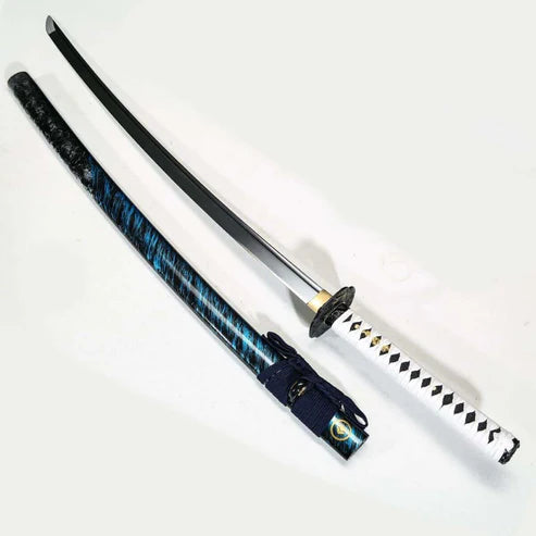 Jin Sakai Ghost of Tsushima Katana replica featuring a high manganese steel blade, Sakai clan emblem tsuba, and black wooden scabbard.