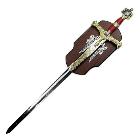 King Solomon Sword Red & Gold Edition featuring golden Star of David guard, etched stainless steel blade with wall display plaque.