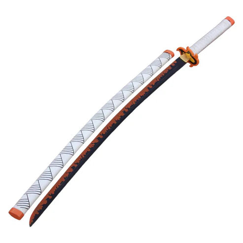 Kyojuro Rengoku Red Nichirin Sword 42 inch carbon steel replica with wooden scabbard by Cosplay Swords.