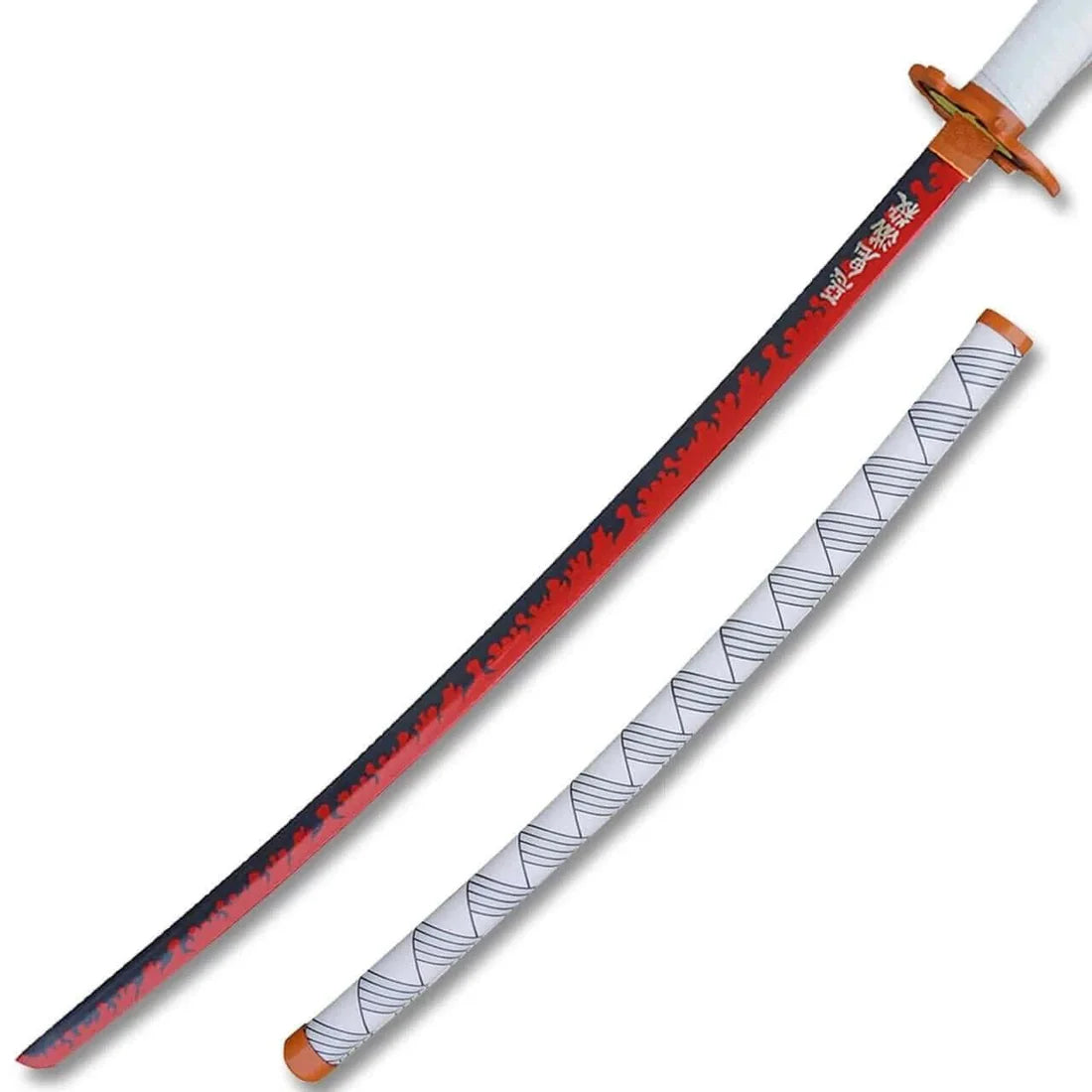 Kyojuro Rengoku Red Nichirin Sword carbon steel replica with wooden scabbard by Cosplay Swords.