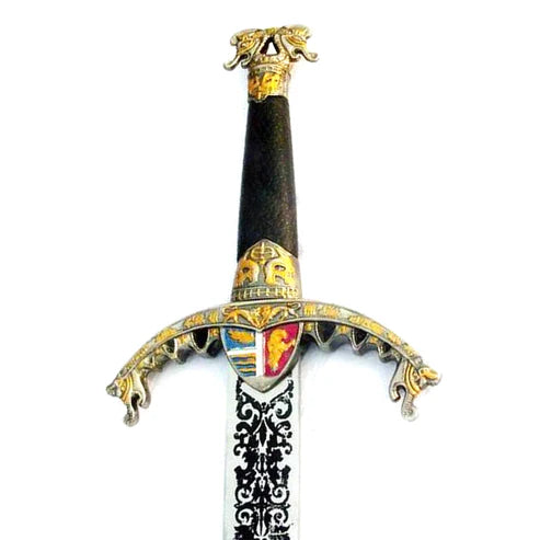 Richard the Lionheart medieval longsword replica with handmade stainless steel hilt, royal crest, and polished blade by Cosplay Swords.