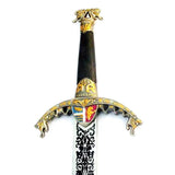 Richard the Lionheart medieval longsword replica with handmade stainless steel hilt, royal crest, and polished blade by Cosplay Swords.