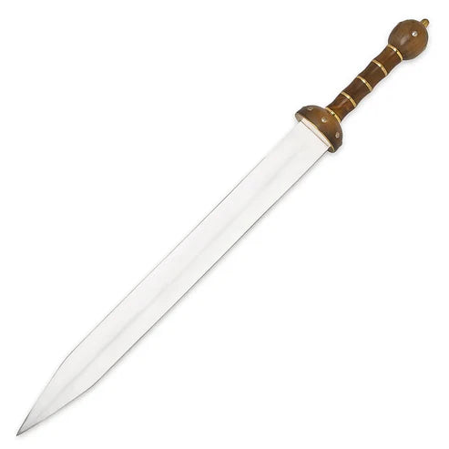 Roman Gladiator Gladius sword replica with 22 inch stainless steel blade, hardwood brass accented handle, and black leather scabbard.