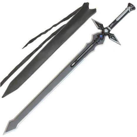 SAO Black Dark Repulser Sword of Kirito carbon steel replica with blue faux jewel and leather sheath by Cosplay Swords.