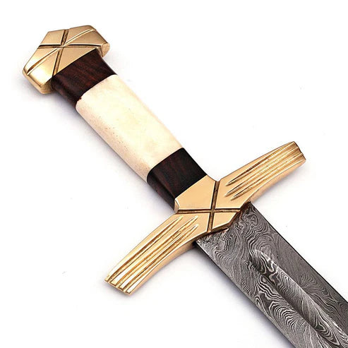 Handmade Damascus steel Viking sword with rosewood and camel bone handle and leather scabbard.
