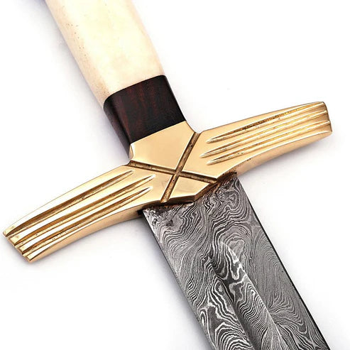 Handmade Damascus steel Viking sword with rosewood and camel bone handle and leather scabbard.