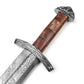 Handmade Damascus steel Viking sword with colored bone handle and leather scabbard