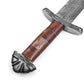 Handmade Damascus steel Viking sword with colored bone handle and leather scabbard