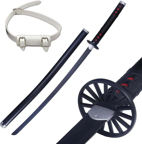 Tanjiro Kamado Black Nichirin Blade steel katana replica with cartwheel guard by Cosplay Swords.