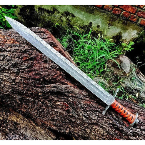 38" Custom Handmade Damascus Steel Sword With Leather Sheath By Cosplay Swords