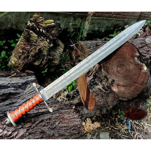 38" Custom Handmade Damascus Steel Sword With Leather Sheath By Cosplay Swords